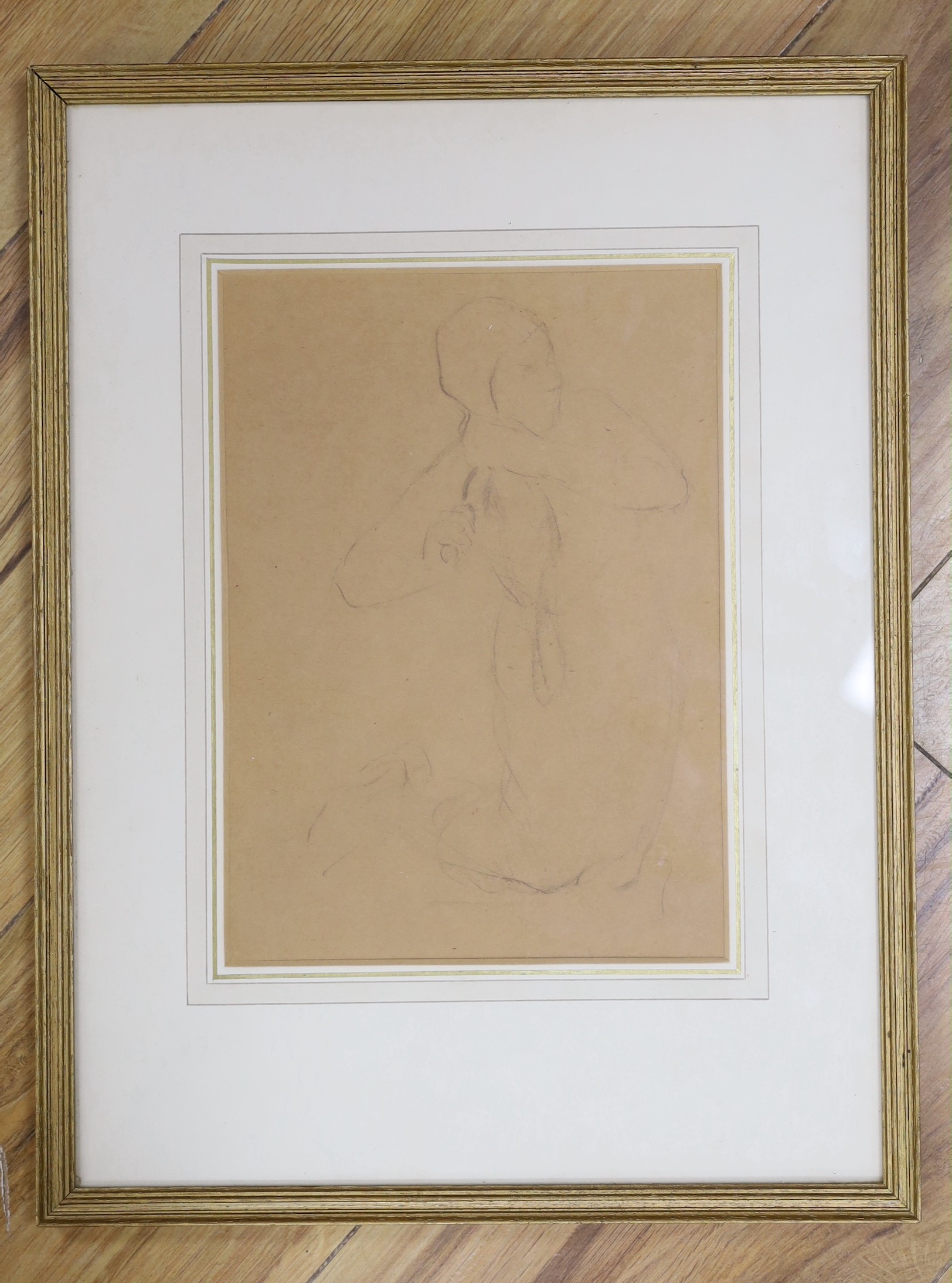 Charles Shannon (1863-1937), pencil on buff paper, Sketch of a woman brushing her hair, Ruskin Gallery label verso, 24 x 17cm